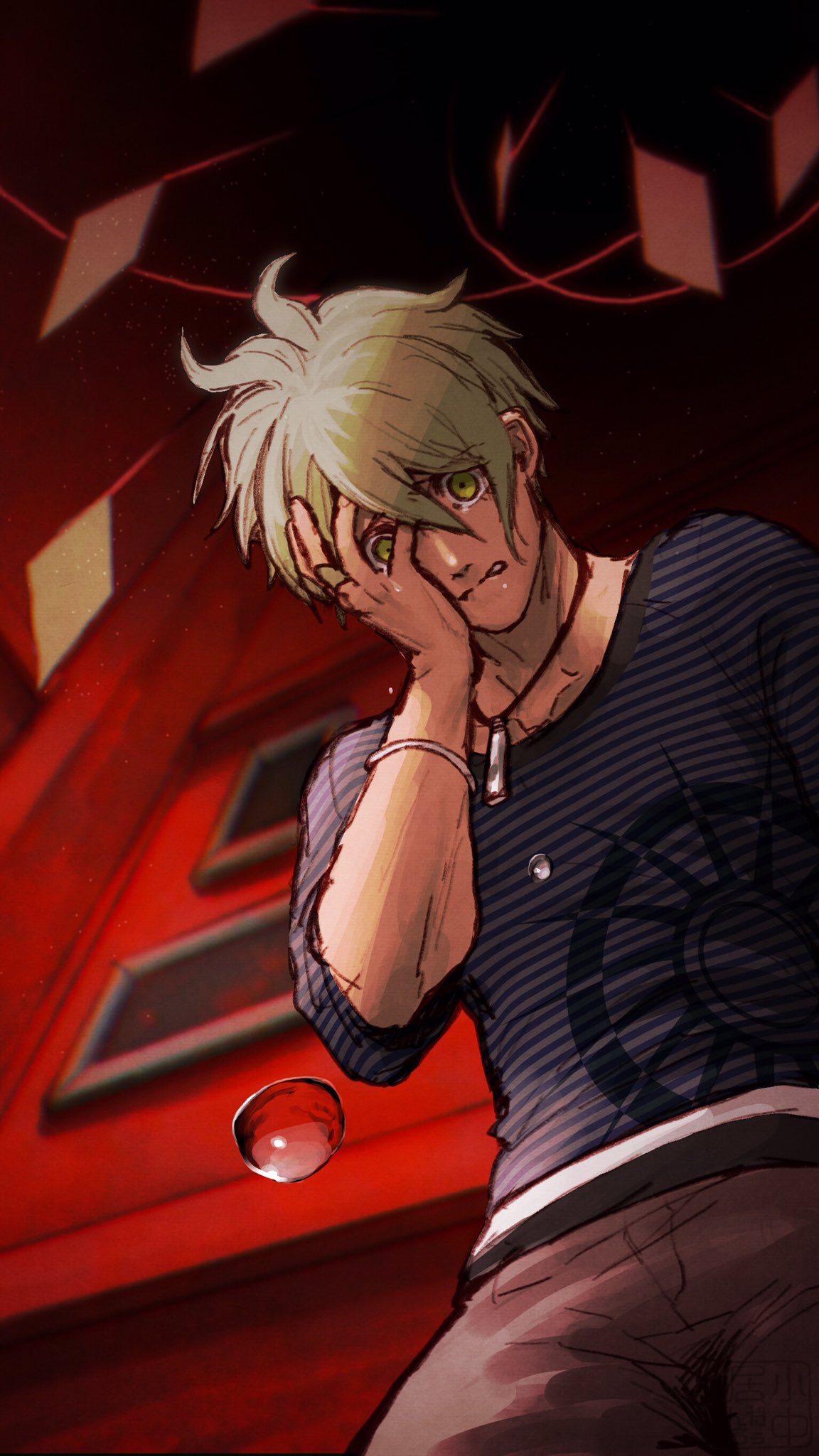 1boy, amami_rantarou, blood, blood_drop, brown_pants, collarbone, commentary_request, dangan_ronpa_(series), dangan_ronpa_v3:_killing_harmony, facing_down, green_eyes, green_hair, hand_on_own_face, highres, indoors, jewelry, konakai, long_sleeves, male_focus, pants, red_theme, shirt, short_hair, sitting, solo, striped, striped_shirt