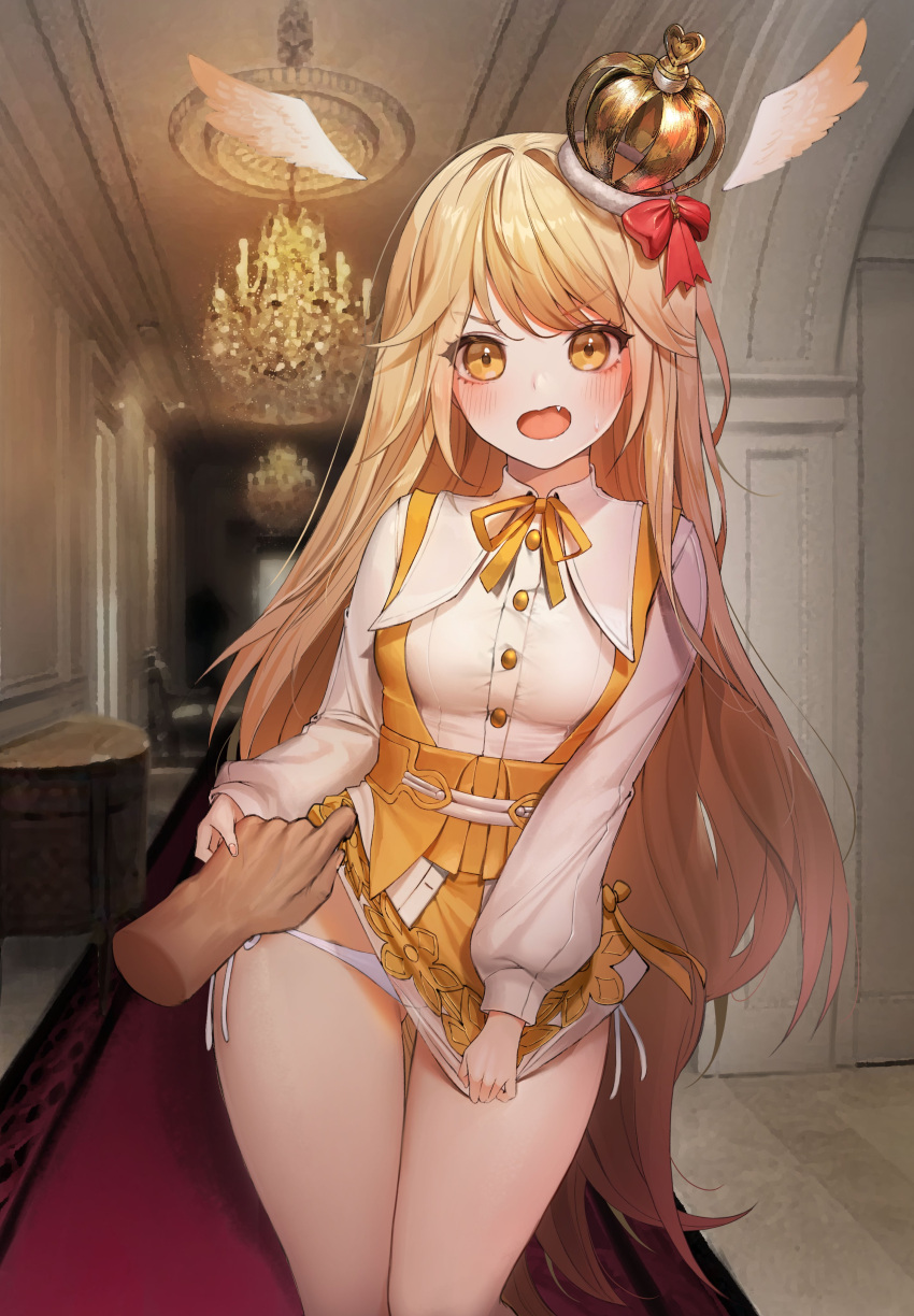 1girl, absurdres, bangs, blonde_hair, blush, bow, breasts, carpet, chandelier, character_request, copyright_request, crown, detached_wings, disembodied_limb, dress, dress_lift, dress_tug, embarrassed, eyebrows_visible_through_hair, fang, feathered_wings, hair_bow, highres, holding_another's_arm, indoors, kkamangbeleukkamang, lifted_by_another, long_hair, long_sleeves, looking_at_viewer, medium_breasts, mini_crown, neck_ribbon, open_mouth, panties, red_bow, red_carpet, ribbon, side-tie_panties, solo_focus, standing, underwear, very_long_hair, vest, white_dress, white_panties, wings, yellow_eyes, yellow_neckwear, yellow_ribbon, yellow_vest