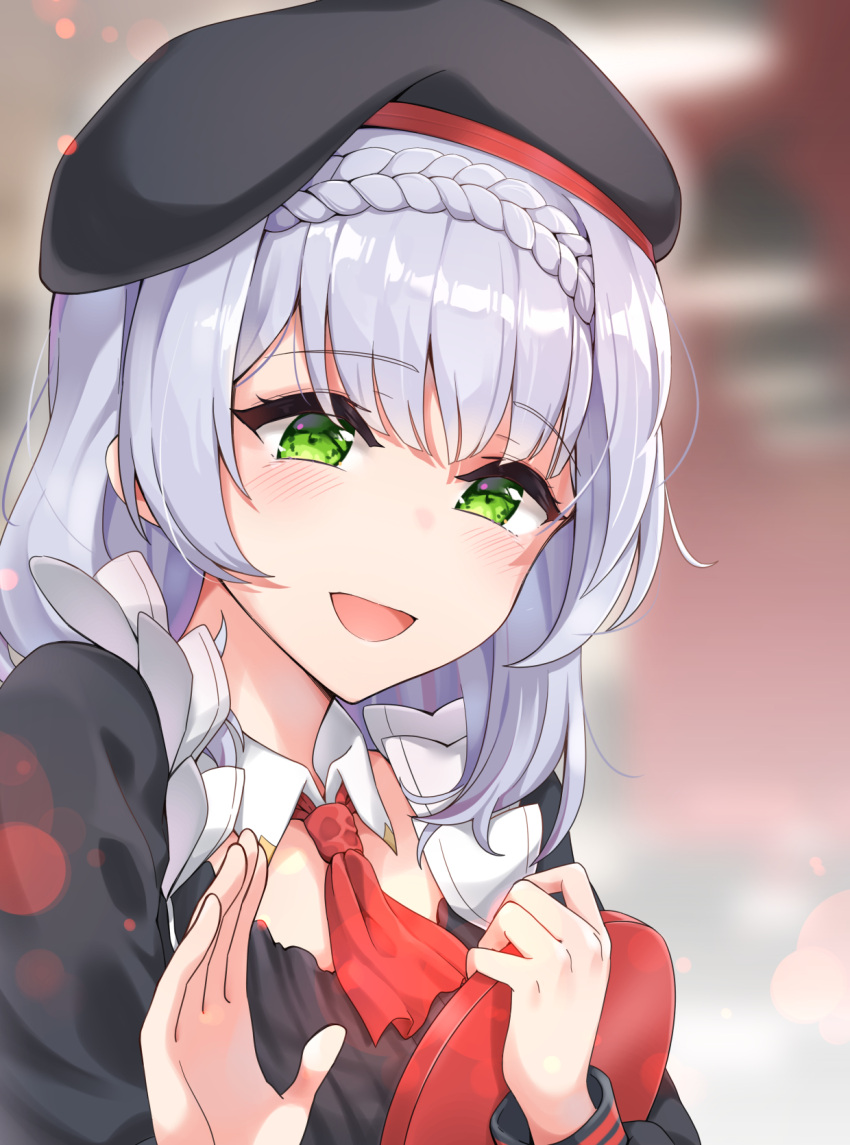 1girl, apron, bangs, blunt_bangs, blush, braid, dulldull, employee_uniform