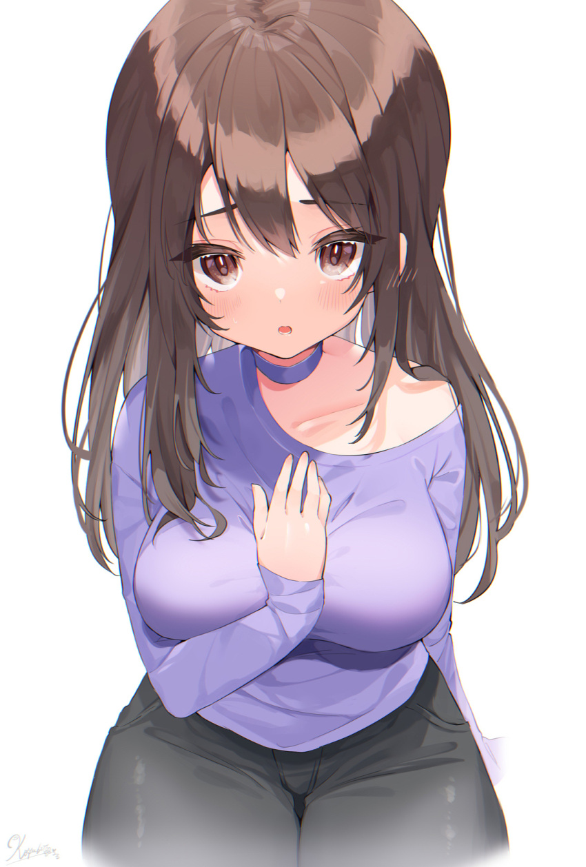 1girl, :o, arm_between_breasts, bangs, between_breasts, black_pants, blush, breasts