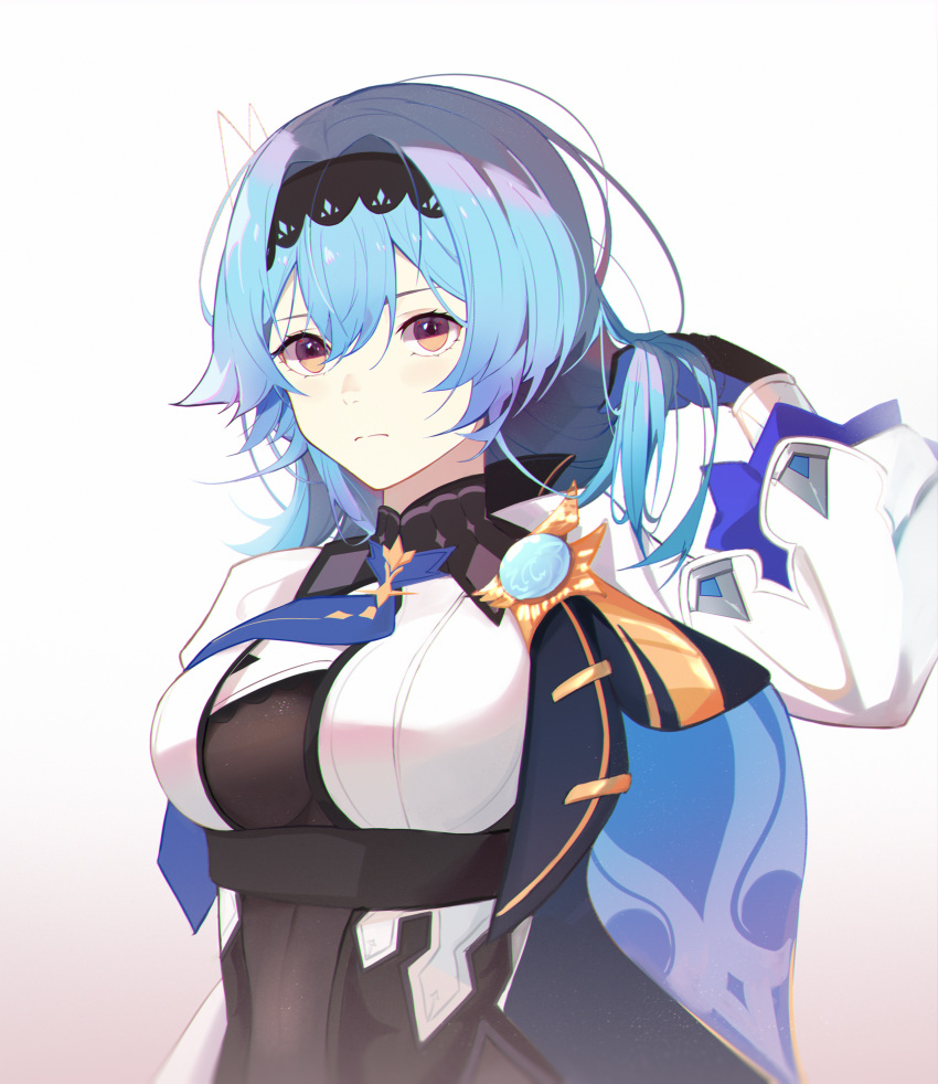 1girl, absurdres, bangs, black_hairband, blue_hair, breasts, brown_eyes, capelet