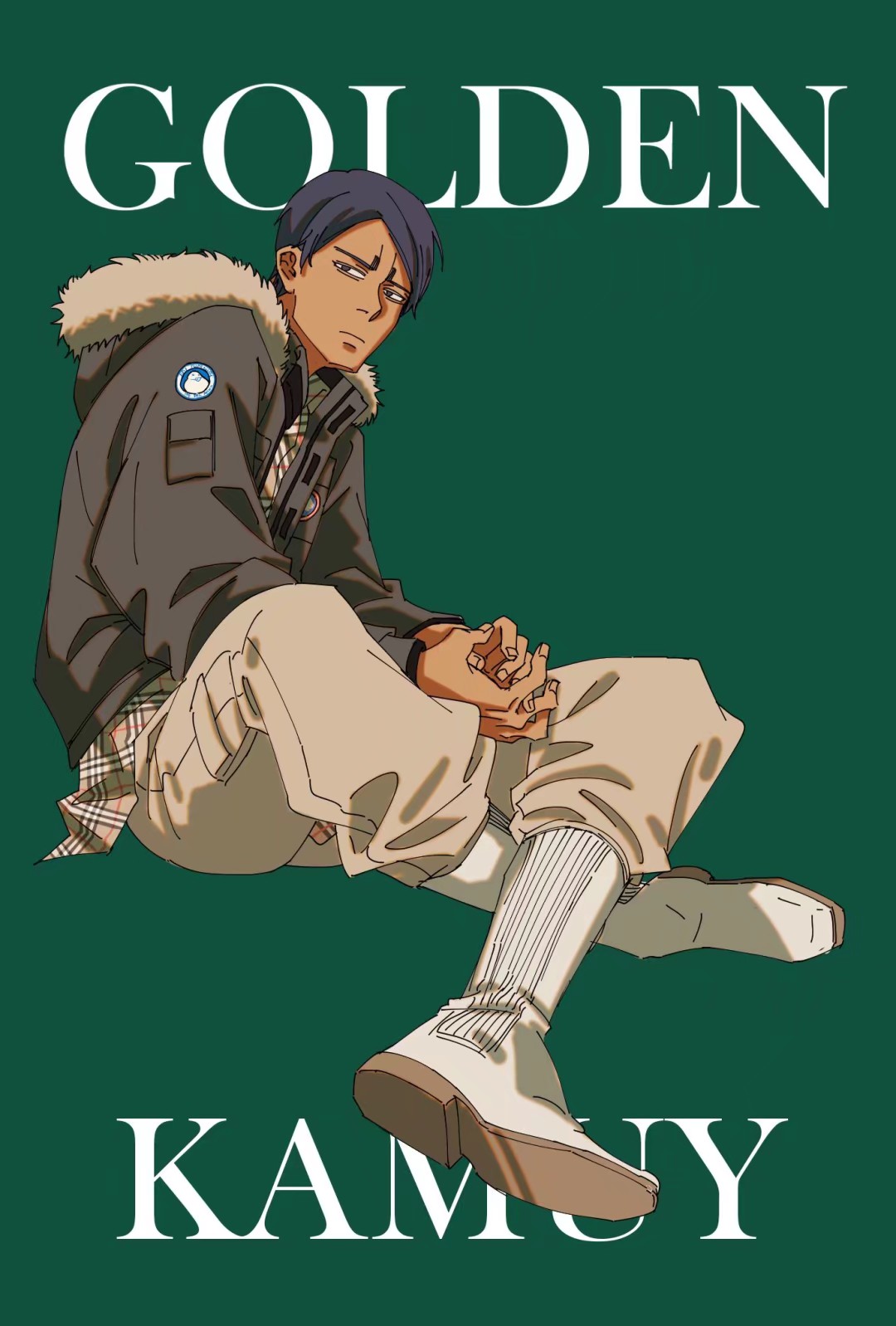 1boy, black_eyes, black_hair, boots, brown_coat, coat, contemporary, copyright_name