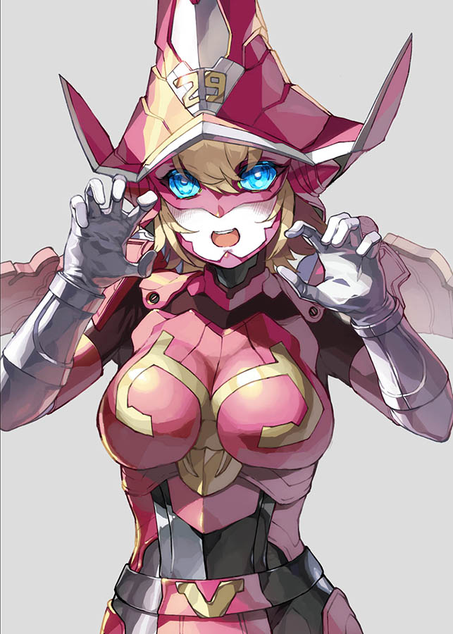 1girl, blonde_hair, blue_eyes, breasts, claw_pose, grey_background, hat, kikai_sentai_zenkaiger, mecha, medium_breasts, nishii_(nitroplus), open_hands, open_mouth, pink_headwear, science_fiction, solo, super_sentai, tokusatsu, upper_body, witch_hat, zenkai_magine