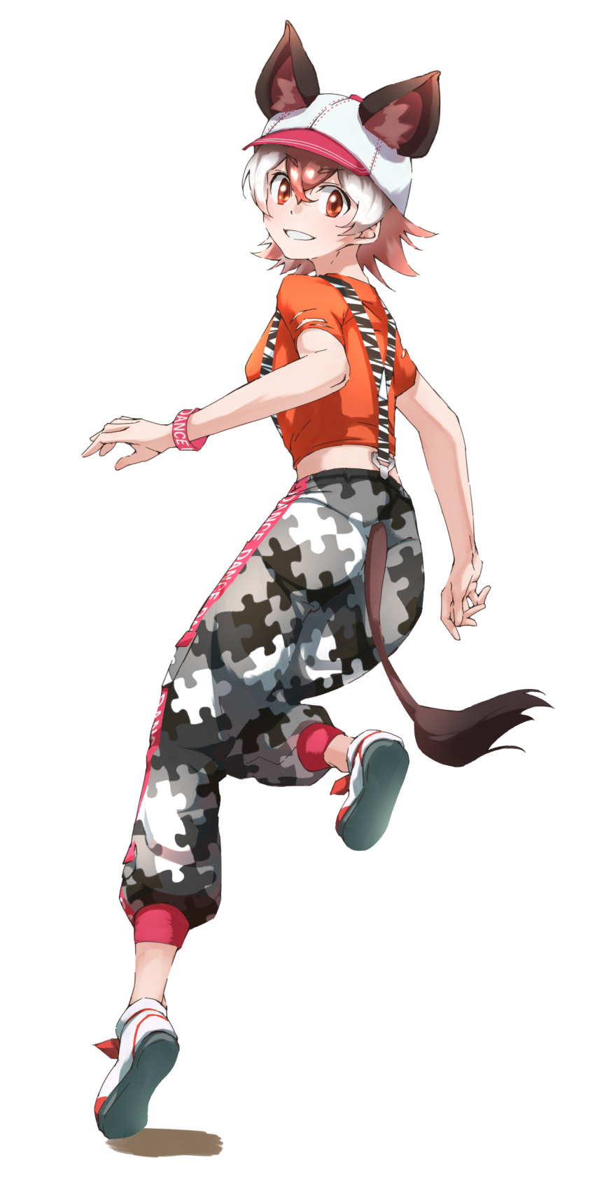 1girl, absurdres, alternate_costume, animal_ears, arm_at_side, ass, back, baggy_pants