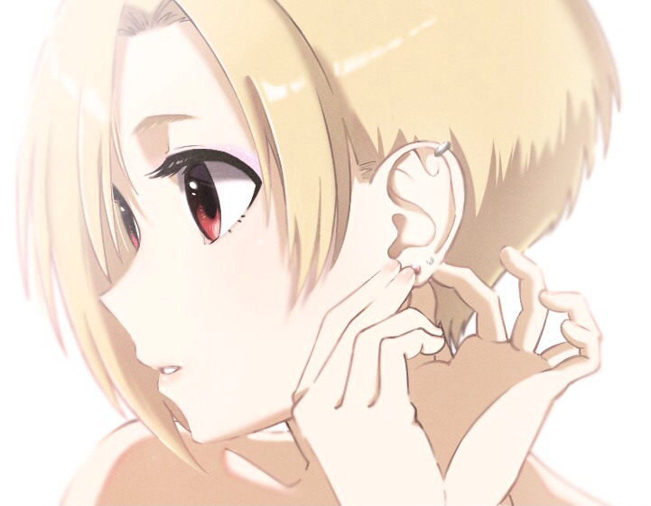 1girl, adjusting_earrings, bare_shoulders, blonde_hair, collarbone, ear_piercing, earrings, hands_up