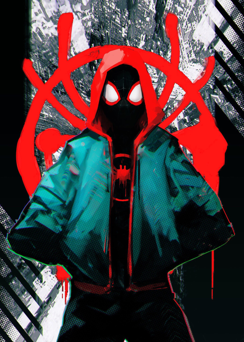 1boy, black_bodysuit, bodysuit, covered_face, facing_viewer, green_jacket, hands_in_pockets, highres, hironakata, hood, hood_up, hooded_bodysuit, hoodie, jacket, looking_at_viewer, male_focus, mask, miles_morales, red_hoodie, solo, spider-man:_into_the_spider-verse, spider-man_(miles_morales), spider-man_(series), spider_web_print, superhero