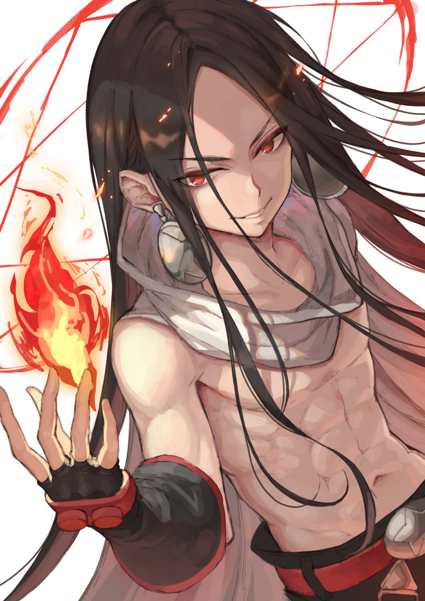1boy, asakura_hao, bangs, black_gloves, black_hair, black_pants, brown_hair, cape