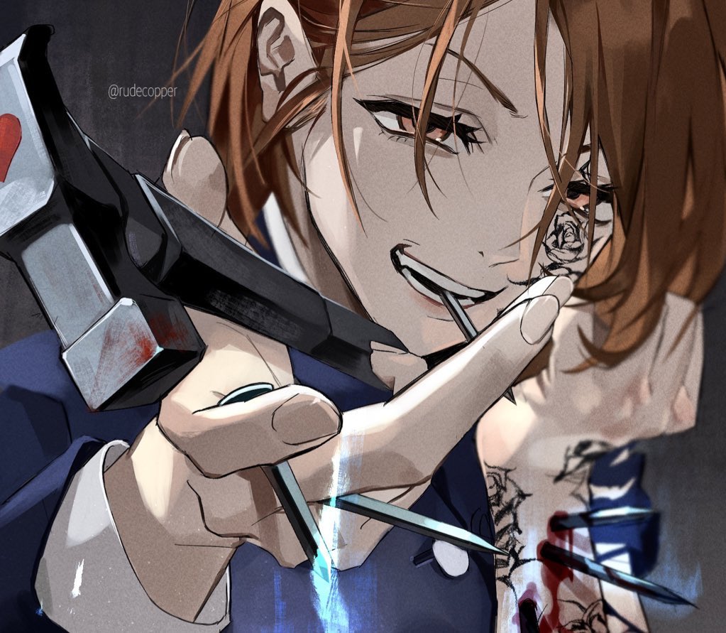 1girl, bangs, blood, brown_eyes, brown_hair, facial_mark, gakuran, hammer