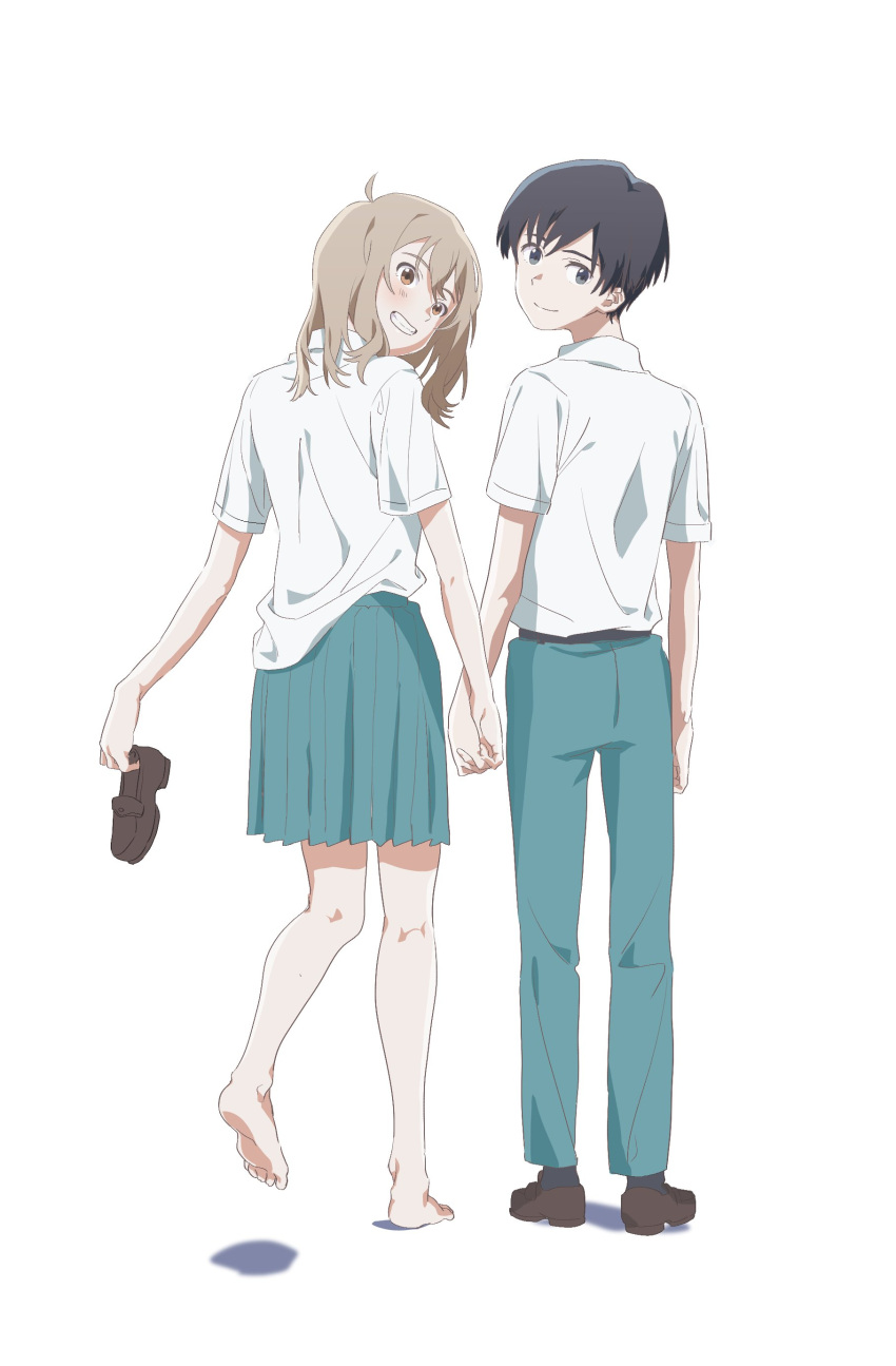 1boy, 1girl, absurdres, ahoge, aqua_pants, aqua_skirt, ass, bare_legs, barefoot, belt, black_belt, black_hair, black_legwear, blush, brown_eyes, brown_footwear, closed_mouth, collared_shirt, commentary, couple, eyebrows_visible_through_hair, full_body, grey_eyes, grin, hetero, highres, holding, holding_hands, holding_shoes, interlocked_fingers, kento_hinode, leg_up, light_brown_hair, loafers, looking_at_viewer, looking_back, loose_clothes, loose_shirt, messy_hair, miyo_sasaki, nakitai_watashi_wa_neko_wo_kaburu, open_mouth, pleated_skirt, school_uniform, shadow, shirt, shirt_tucked_in, shoes, short_sleeves, simple_background, skirt, smile, socks, standing, standing_on_one_leg, summer_uniform, tacit_1113, teeth, white_background, white_shirt