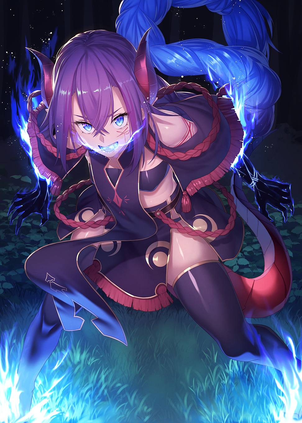 1girl, bandeau, bangs, bare_shoulders, belt, black_legwear, black_skirt, blue_eyes