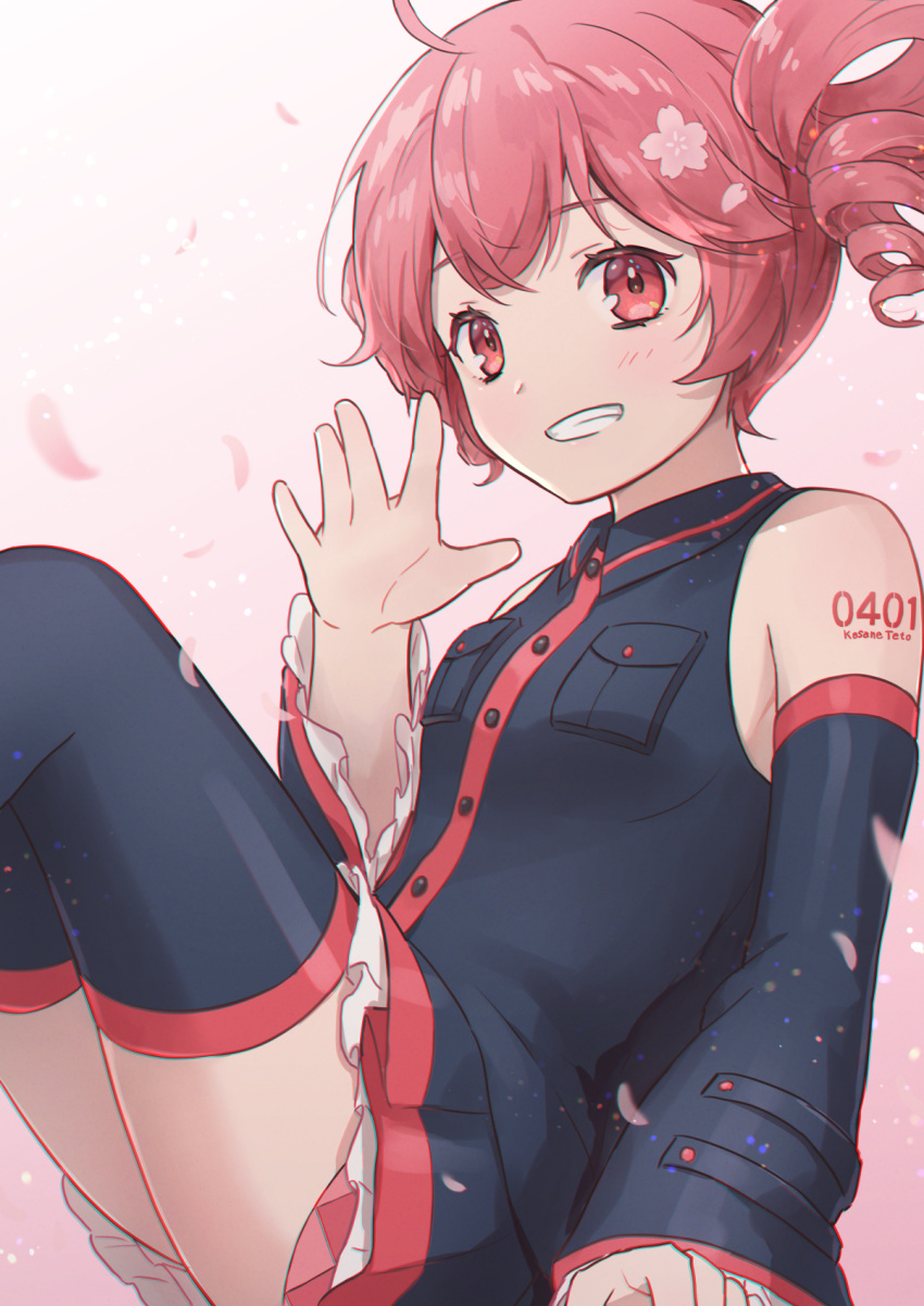 1girl, ashika_(yftcc948), bare_shoulders, black_legwear, black_shirt, black_skirt, black_sleeves, cherry_blossoms, commentary, detached_sleeves, drill_hair, english_commentary, falling_petals, flower, frilled_skirt, frilled_sleeves, frills, grin, hair_flower, hair_ornament, highres, kasane_teto, looking_at_viewer, miniskirt, petals, pink_background, pink_flower, red_eyes, redhead, shirt, short_hair, shoulder_tattoo, skirt, sleeveless, sleeveless_shirt, smile, solo, tattoo, thigh-highs, twin_drills, utau, waving, zettai_ryouiki