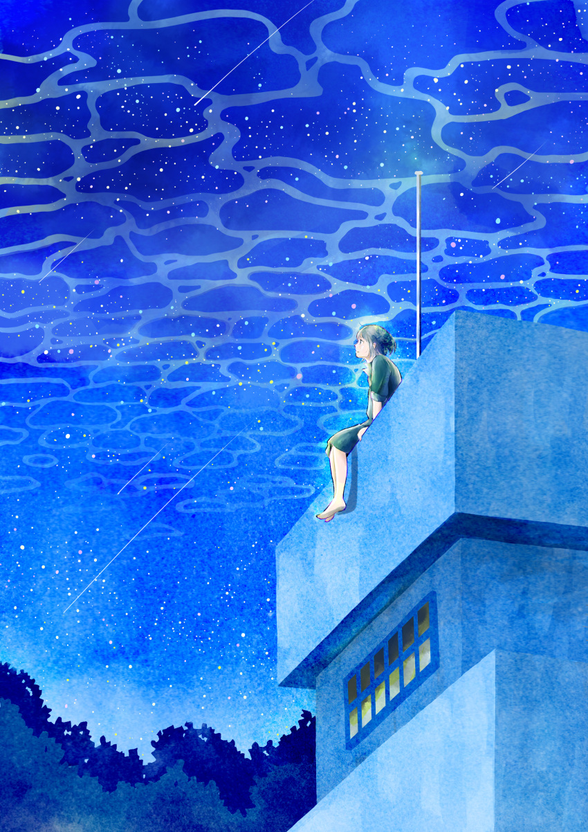1girl, absurdres, barefoot, blue_theme, building, caustics, green_shirt, highres, huge_filesize, kakine-666, looking_afar, night, night_sky, original, outdoors, shirt, shooting_star, short_hair, sky, solo, star_(sky), starry_sky