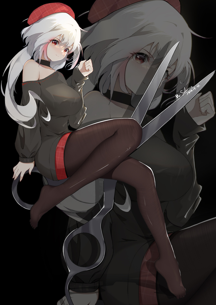 1girl, absurdres, ahoge, alternate_costume, armpit_crease, bangs, bare_shoulders, beret