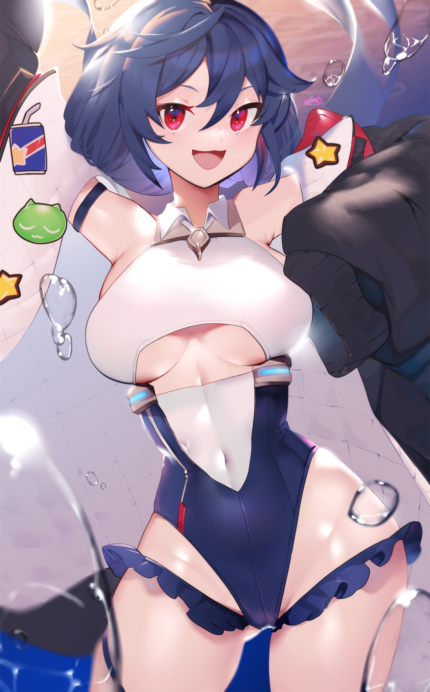 1girl, :d, allen_m._sumner_(azur_lane), arm_strap, arm_up, armpits, azur_lane, badge