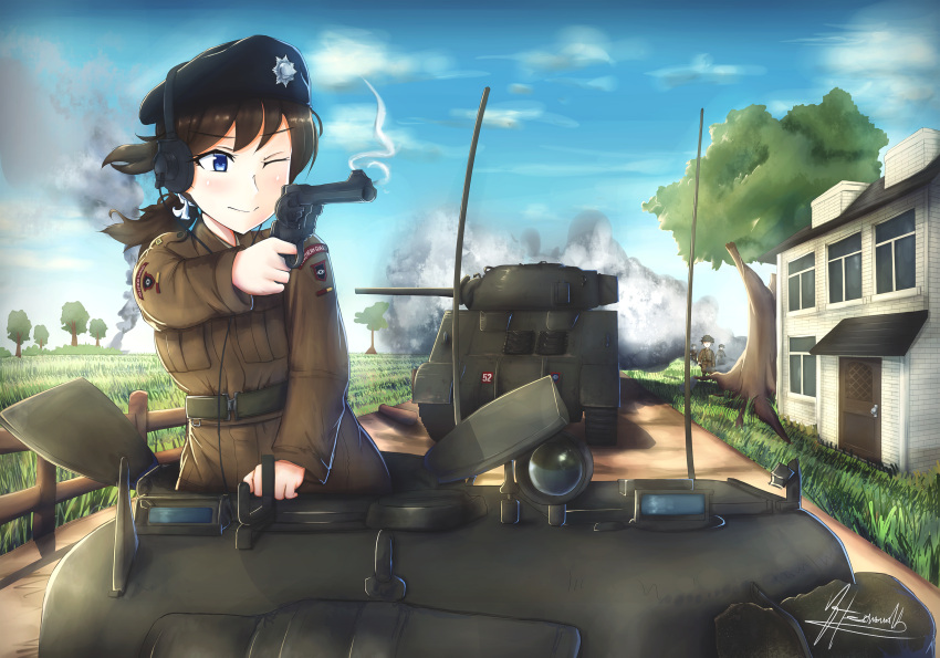 1girl, 3boys, blue_eyes, breasts, brown_hair, caterpillar_tracks, clouds, day, english_commentary, fence, grass, ground_vehicle, hat, headphones, hermann, highres, house, m4_sherman, military, military_hat, military_uniform, military_vehicle, motor_vehicle, multiple_boys, one_eye_closed, original, ponytail, revolver, signature, sky, tank, tree, uniform, wooden_fence
