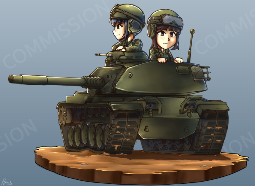 2girls, black_hair, blue_background, brown_eyes, brown_hair, caterpillar_tracks, english_commentary, ground_vehicle, hat, hermann, highres, m60_main_battle_tank, military, military_hat, military_uniform, military_vehicle, motor_vehicle, multiple_girls, original, short_hair, smile, tank, tank_helmet, uniform