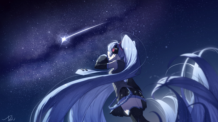 1girl, absurdly_long_hair, black_legwear, black_skirt, black_sleeves, blue_hair, blue_neckwear, closed_mouth