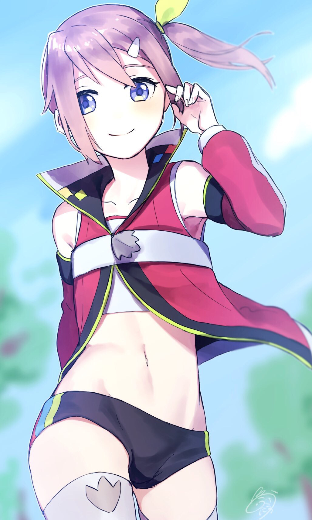 1girl, arm_behind_back, bangs, black_shorts, blue_eyes, blurry, blurry_background, bow