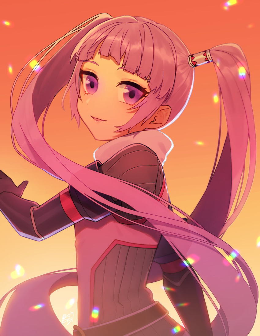 1girl, :d, bangs, black_gloves, floating_hair, from_side, gloves, hair_tubes, highres, long_hair, open_mouth, pink_hair, shiny, shiny_hair, smile, solo, sophie_(tales), standing, tales_of_(series), tales_of_graces, usatarou_(annke-to), very_long_hair, violet_eyes