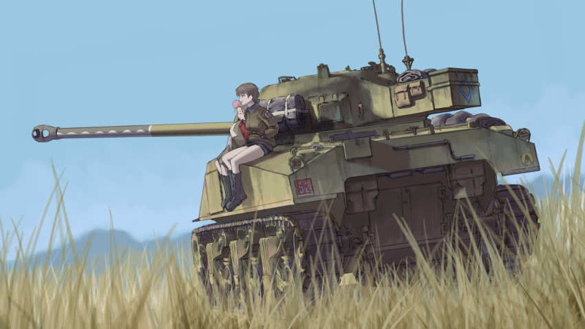 2girls, assam_(girls_und_panzer), blonde_hair, brown_hair, caterpillar_tracks, chewing_gum, girls_und_panzer, grass