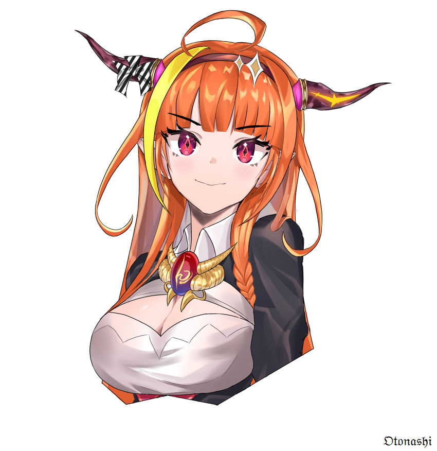 1girl, absurdres, ahoge, bangs, blonde_hair, bow, breasts, dragon_girl, dragon_horns, eyebrows_visible_through_hair, hairband, highres, hitagi_otonashi, hololive, horns, kiryu_coco, long_hair, multicolored_hair, orange_hair, pointy_ears, streaked_hair, virtual_youtuber