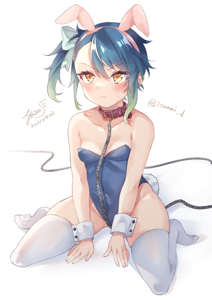 1girl, animal_ears, blue_hair, blue_leotard, blush, bunny_tail, chain, closed_mouth