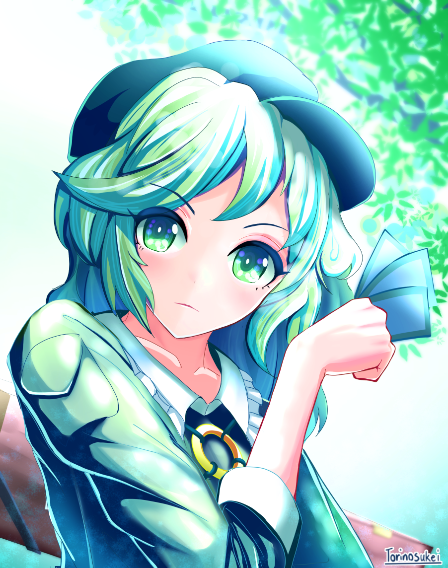 1girl, aqua_headwear, arm_up, artist_name, blurry, blurry_background, box, card