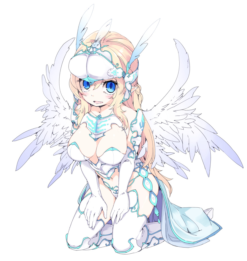1girl, armored_bikini, blonde_hair, blue_eyes, blush, cape, elbow_gloves, feathered_wings