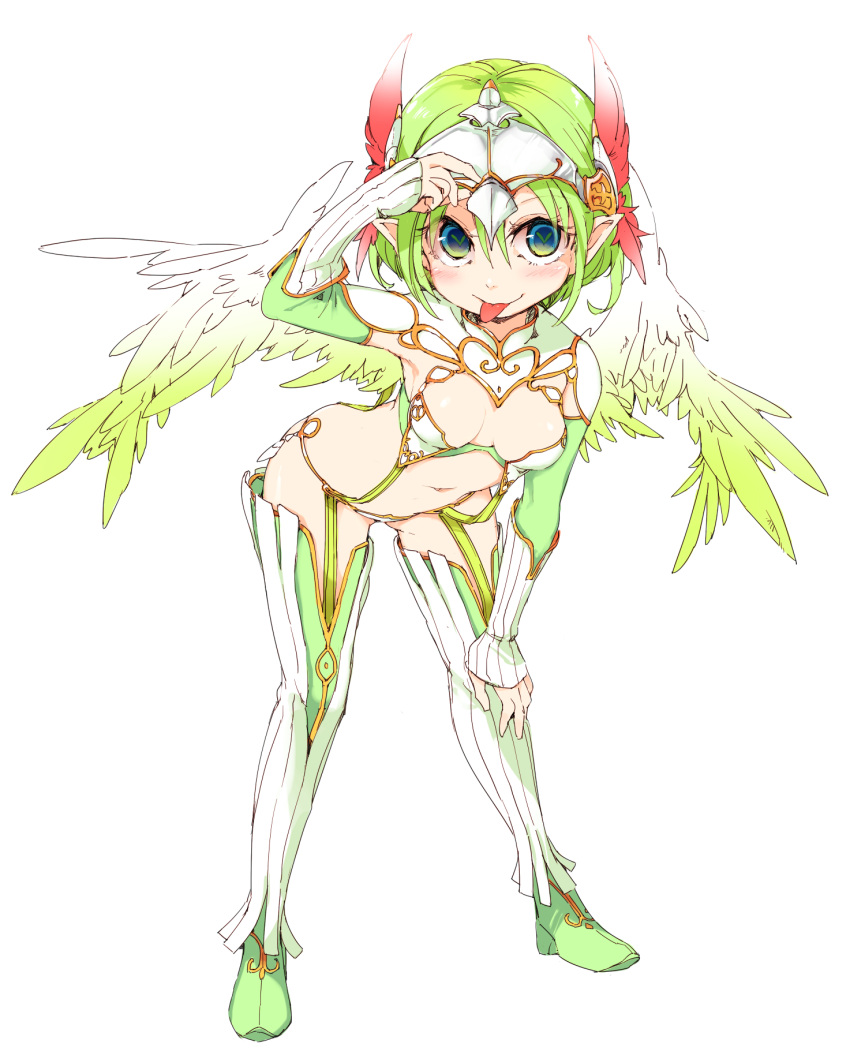 1girl, breasts, breasts_apart, feathered_wings, full_body, garter_straps, green_hair, headband