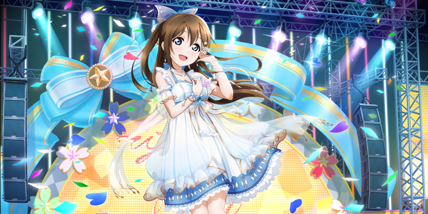 1girl, absurdres, anata_no_risou_no_heroine, arm_garter, arm_ribbon, bangs, blue_bow, blue_eyes, bow, bracelet, brown_hair, collarbone, confetti, corsage, cowboy_shot, cross-laced_clothes, dress, dress_flower, drop_earrings, earrings, feet_out_of_frame, flower, frilled, frilled_dress, frills, hair_between_eyes, hair_bow, hair_ornament, halterneck, highres, idol, jewelry, lace-trimmed_dress, lace_trim, long_hair, love_live!, love_live!_nijigasaki_high_school_idol_club, love_live!_school_idol_festival_all_stars, necklace, official_art, ousaka_shizuku, pearl_bracelet, pearl_necklace, petals, pleated_dress, ponytail, purple_flower, purple_rose, ribbon, rose, sidelocks, solo, stage, stage_lights, standing, star_(symbol), star_hair_ornament, transparent, white_bow, white_dress, wrist_flower