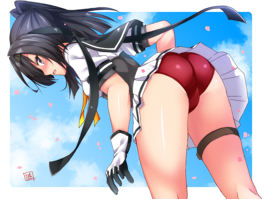 1girl, ahoge, akizuki_(kancolle), ass, black_gloves, black_hair, black_headband, blue_eyes, clothes_writing, corset, gloves, hachimaki, headband, highres, kantai_collection, miniskirt, multicolored, multicolored_clothes, multicolored_gloves, neckerchief, panties, pleated_skirt, ponytail, red_panties, school_uniform, sebunsu, serafuku, shirt, short_sleeves, skirt, solo, thigh_strap, underwear, white_gloves, white_shirt, white_skirt, yellow_neckwear