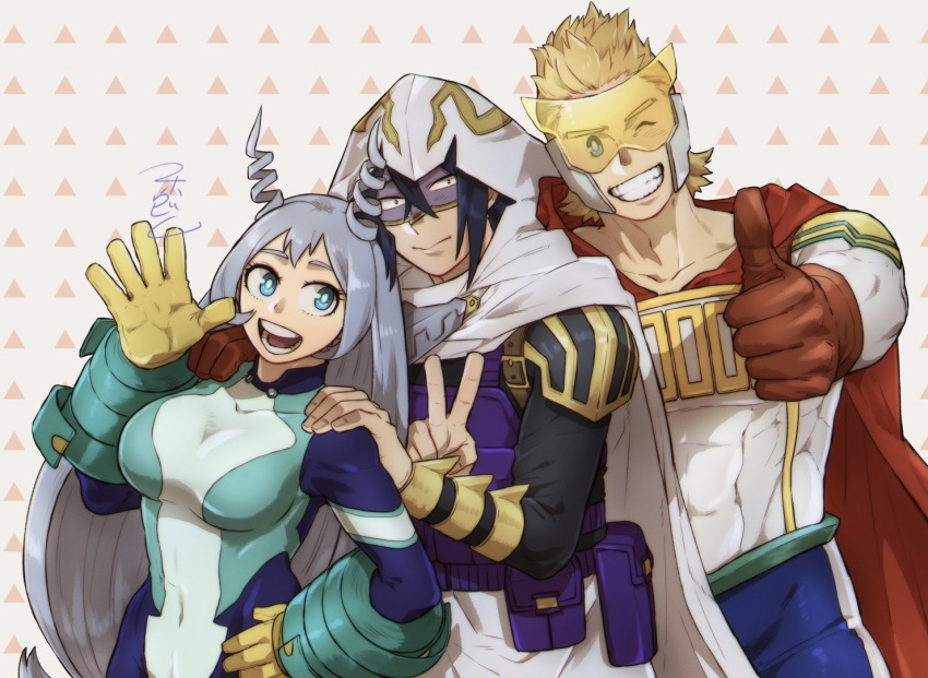 1girl, 2boys, :>, amajiki_tamaki, aqua_bodysuit, armor, artist_name, belt_pouch