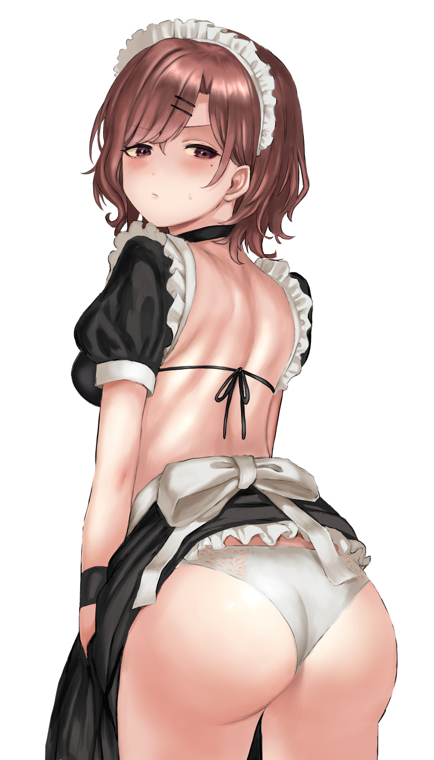 1girl, absurdres, ass, black_dress, brown_hair, dress, from_behind, hair_ornament, hairclip, highres, higuchi_madoka, idolmaster, idolmaster_shiny_colors, kakeru_(fujiwara_kakeru), maid, maid_headdress, mole, mole_under_eye, panties, short_hair, short_sleeves, solo, underwear, violet_eyes, white_panties