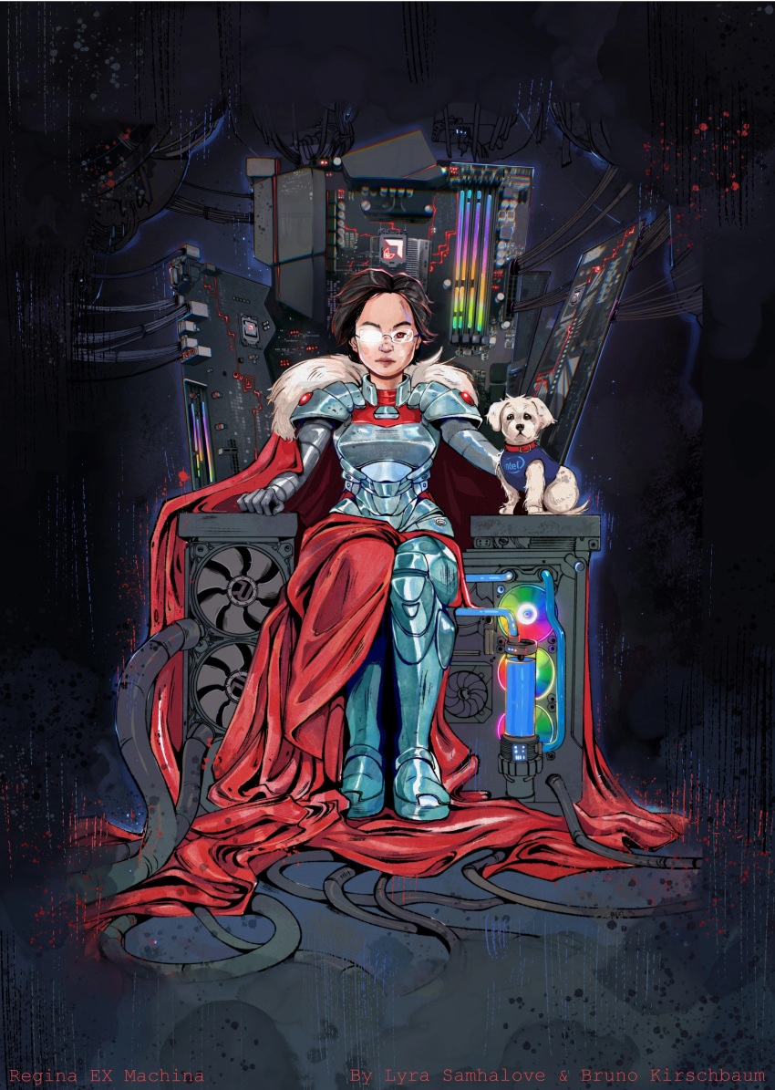 1girl, absurdres, amd, armor, artist_name, black_hair, bruno_kirschbaum, cable