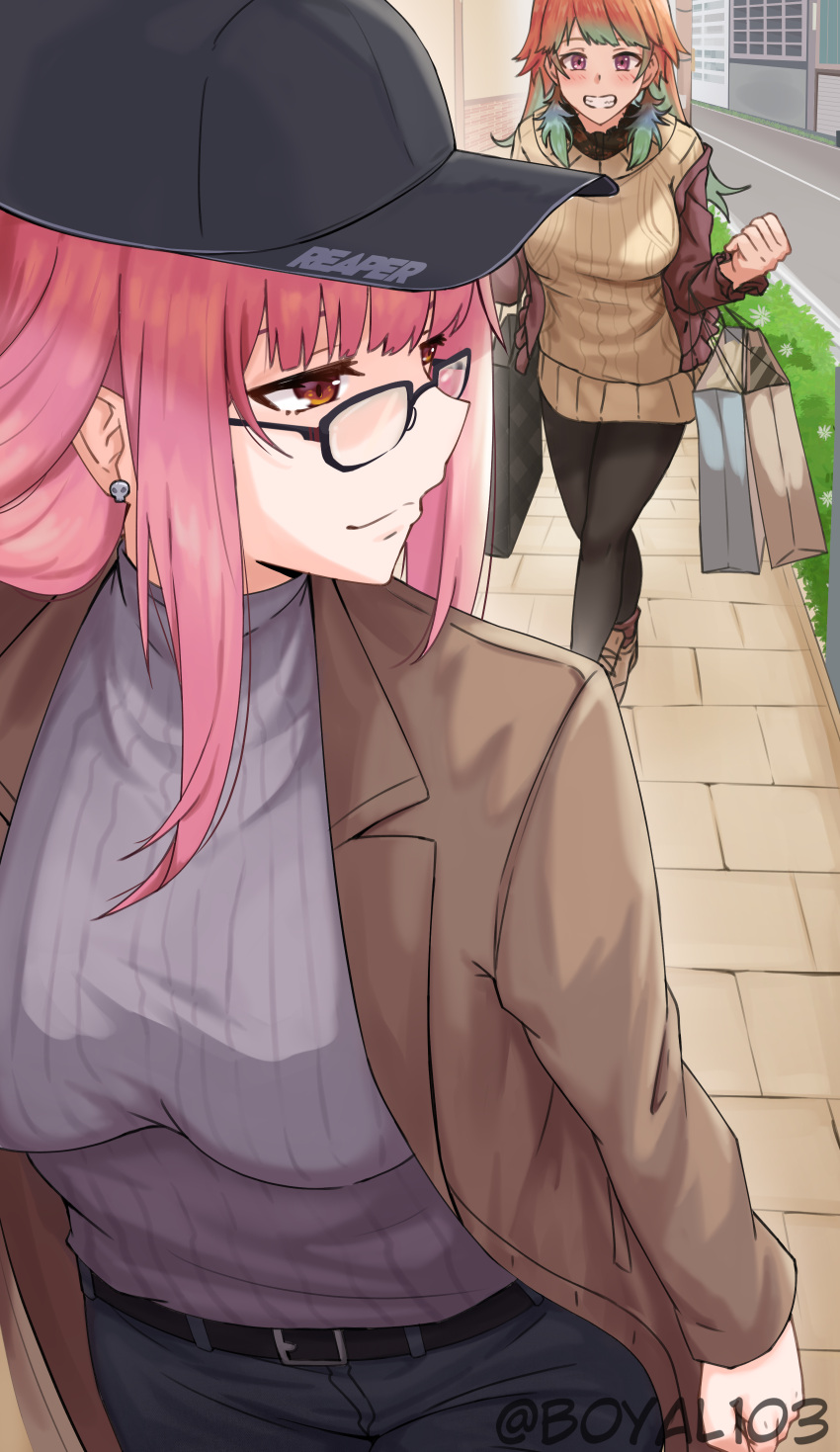 2girls, absurdres, bag, bangs, baseball_cap, blush, boyal, breasts