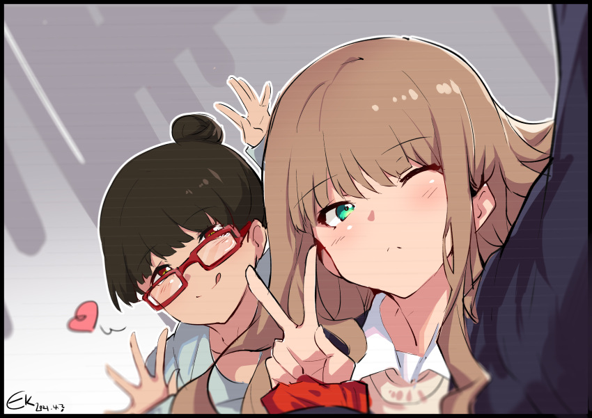 2girls, absurdres, arm_up, bangs, black_hair, brown_eyes, brown_hair, dated