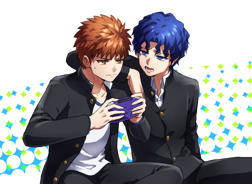 2boys, asrkgk_(asura), blue_eyes, blue_hair, emiya_shirou, fate/stay_night, fate_(series), gakuran