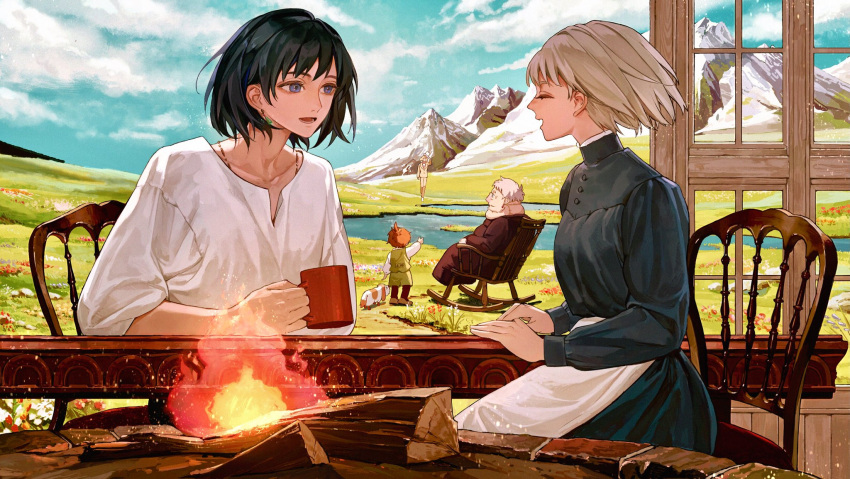 2girls, 3others, animal, apron, black_hair, blonde_hair, blue_eyes, chair