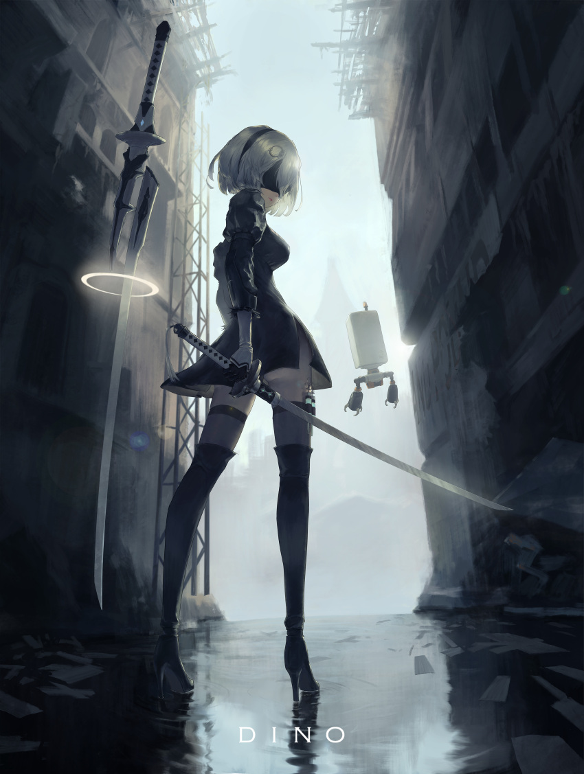 1girl, absurdres, alternate_hair_color, artist_name, ass, black_dress, black_footwear, black_hairband