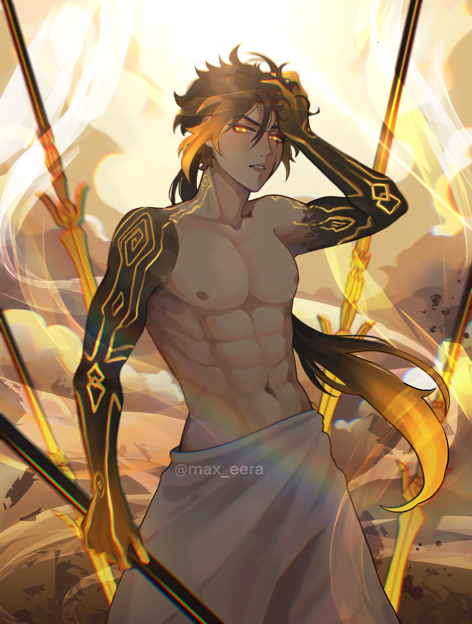 1boy, abs, alternate_costume, arm_tattoo, bangs, black_hair, blood, blood_on_face, collarbone, english_commentary, eyeliner, eyeshadow, genshin_impact, gradient_hair, hair_between_eyes, hand_on_own_face, highres, holding, holding_spear, holding_weapon, long_hair, looking_at_viewer, makeup, male_focus, max_eera, midriff, multicolored_hair, navel, nipples, open_mouth, orange_hair, pectorals, polearm, ponytail, red_eyeshadow, shirtless, solo, spear, tattoo, toned, toned_male, weapon, yellow_eyes, zhongli_(genshin_impact)