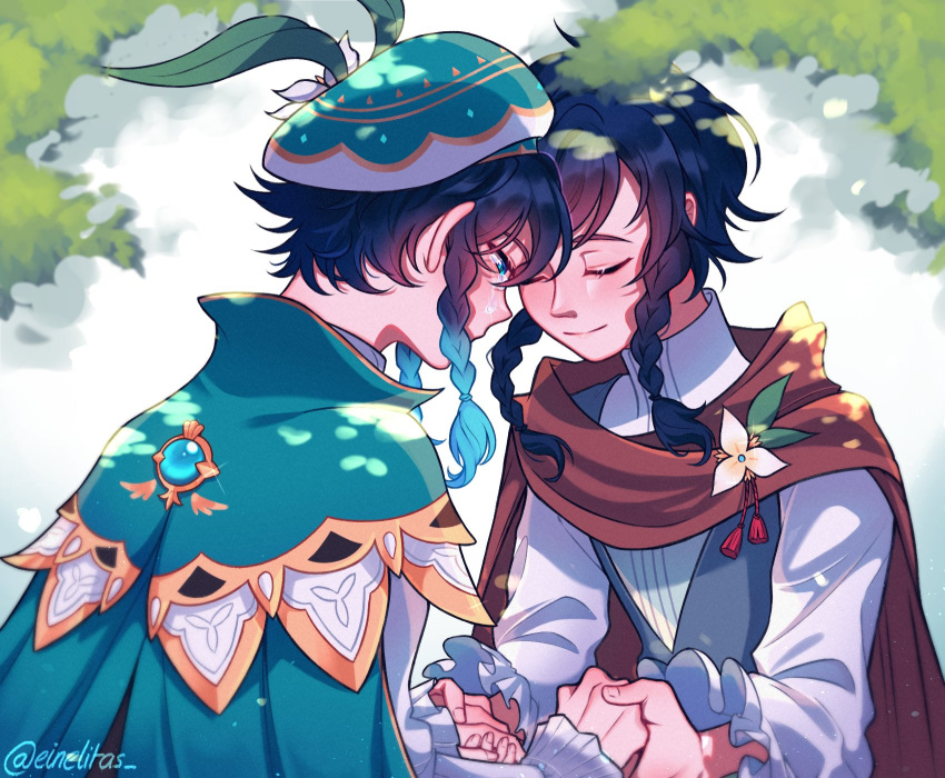 2boys, androgynous, bangs, beret, black_hair, blue_hair, braid, brown_cloak