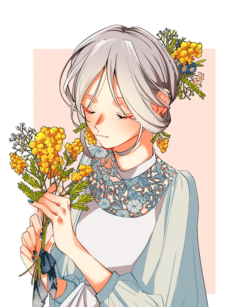 1girl, aqua_nails, blue_flower, blush, closed_eyes, earrings, flower, flower_earrings