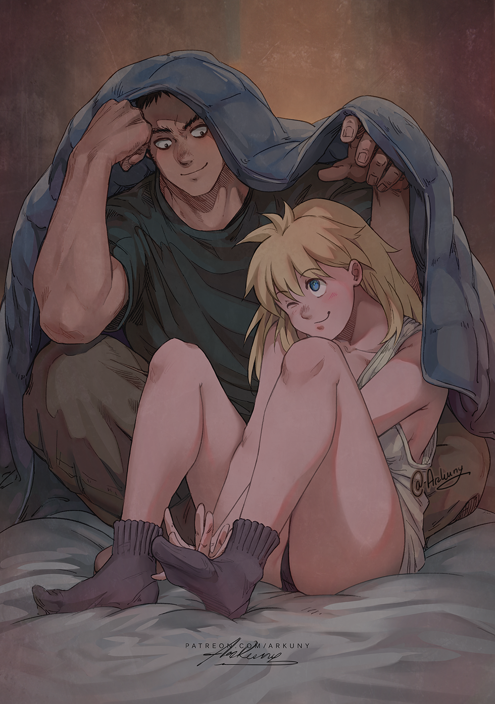 1boy, 1girl, arkuny, black_legwear, blonde_hair, blue_eyes, dorohedoro, full_body, highres, kaiman_(dorohedoro), knees_up, long_hair, nikaidou_(dorohedoro), one_eye_closed, signature, sitting, smile, socks, watermark, web_address