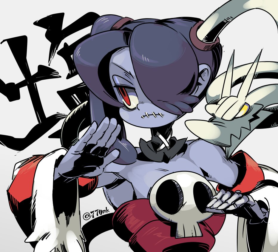 1girl, 770mk, black_neckwear, blue_skin, bone, colored_skin, corset, fighting_stance