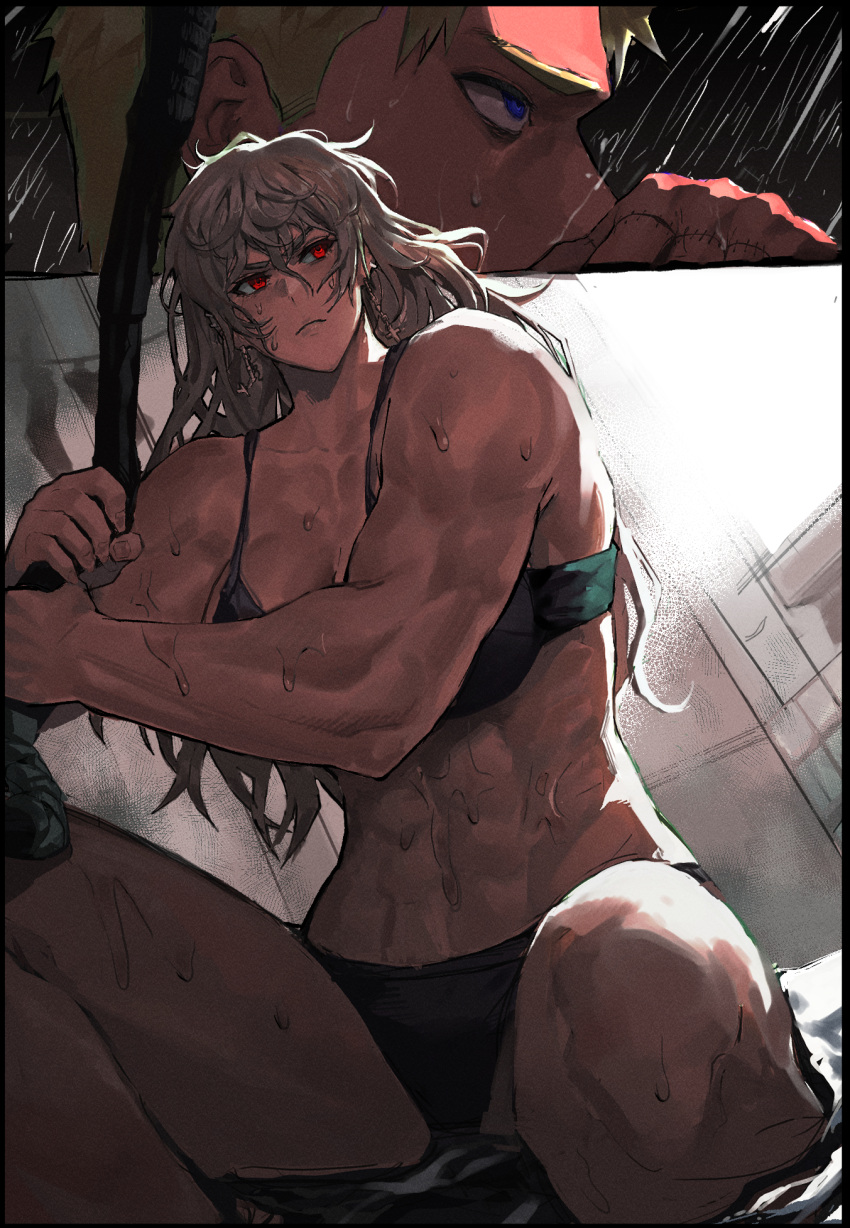 1boy, 1girl, abs, black_bra, bra, dorohedoro, hair_between_eyes, highres
