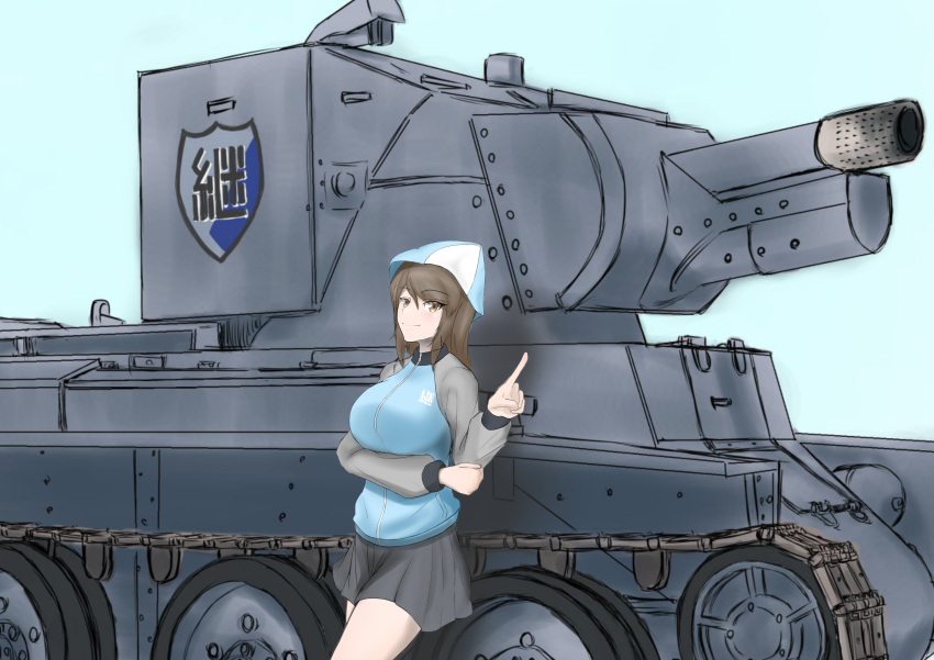 1girl, absurdres, against_vehicle, aqua_background, bangs, blue_headwear, blue_jacket, blue_skirt