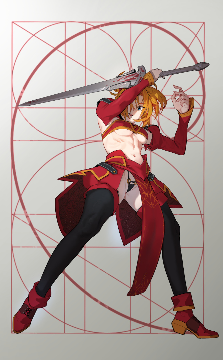 1girl, black_legwear, black_panties, blonde_hair, blue_eyes, clarent_(fate), detached_sleeves, fate/grand_order