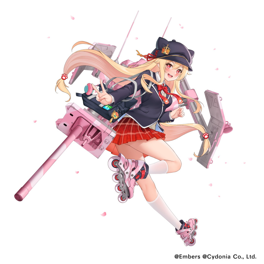 1girl, absurdres, ash_arms, blonde_hair, blush, cannon, commentary_request, cromwell_(ash_arms), fukuro_ko_(greentea), hair_ornament, hat, highres, long_hair, open_mouth, petals, ribbon, school_uniform, skates, solo, standing, v, white_background