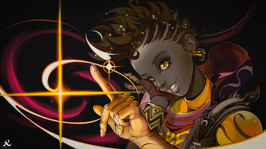 1girl, astra_(valorant), dark_skin, dark-skinned_female, english_commentary, excharny, gloves, head_tilt