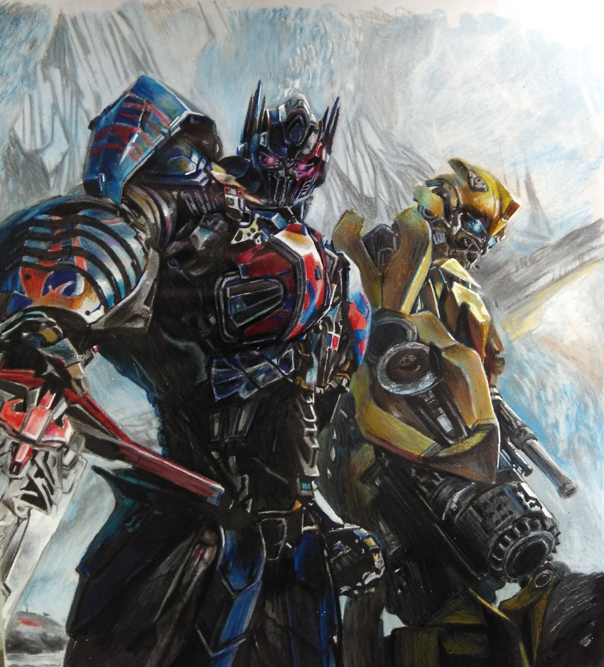 07nono06, 2boys, absurdres, arm_cannon, autobot, blue_eyes, bumblebee, clenched_hand